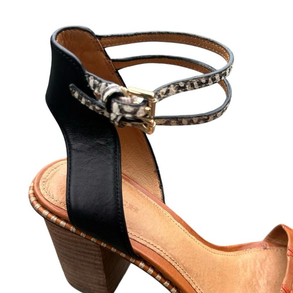 Coach Dexton Block Heel Sandals Size 7B Brown Leather Snake Print Ankle Strap - Picture 2 of 9